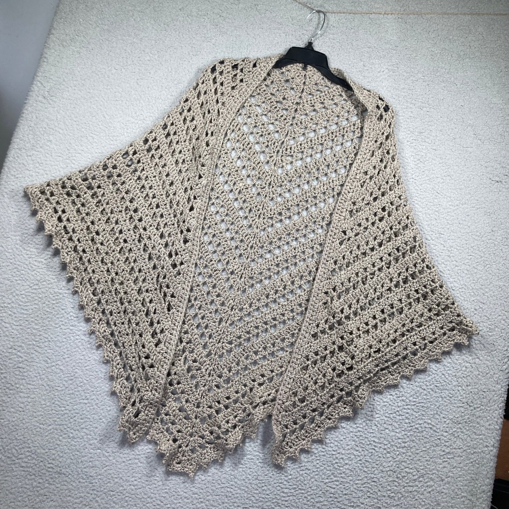Crochet Shawl Women One Size Tan Boho Romantic Open Knit Scalloped Triangle Wrap